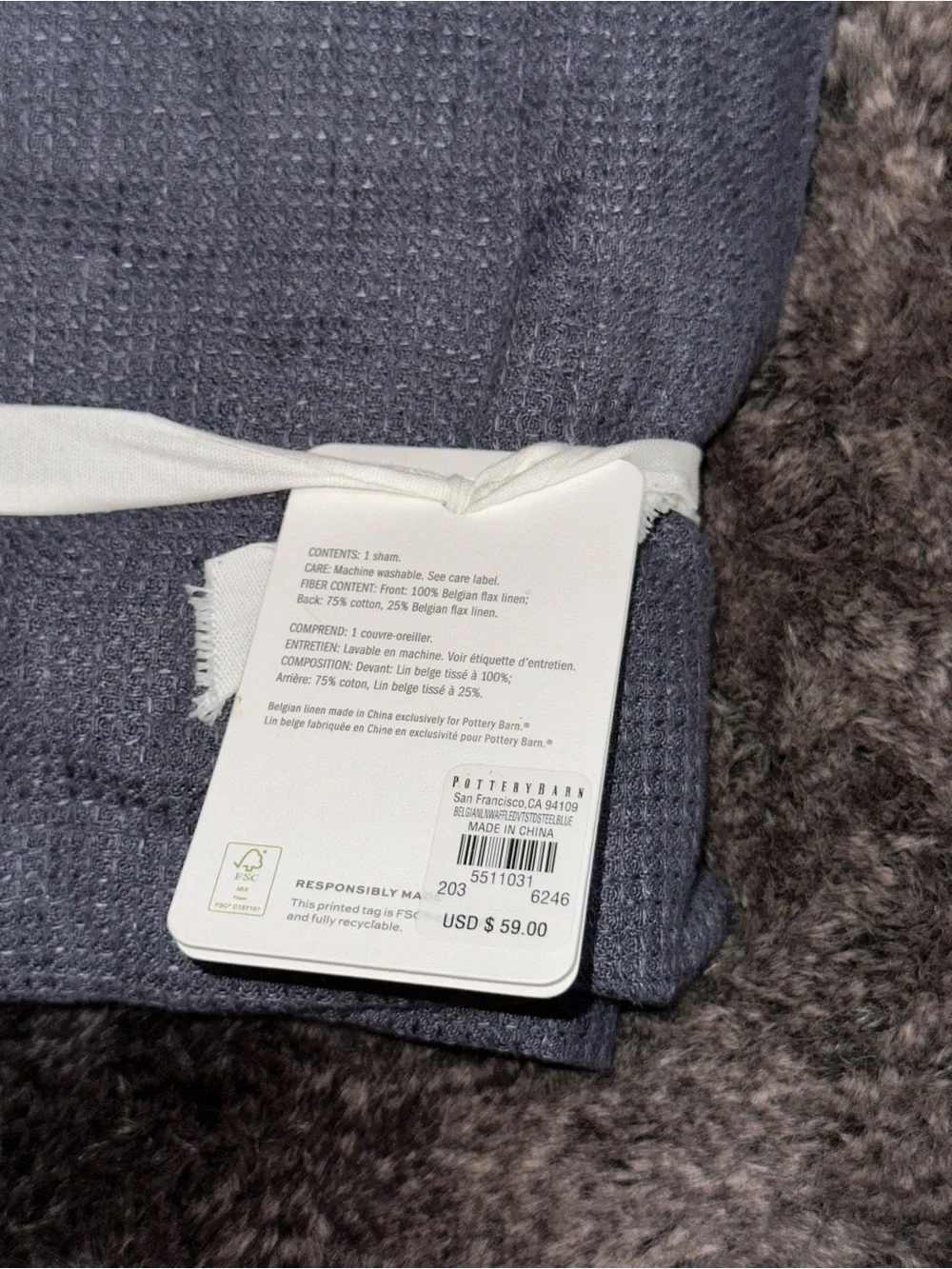 Pottery Barn Steel Blue Standard Belgian Flax Linen Waffle Weave 1-Sham 26